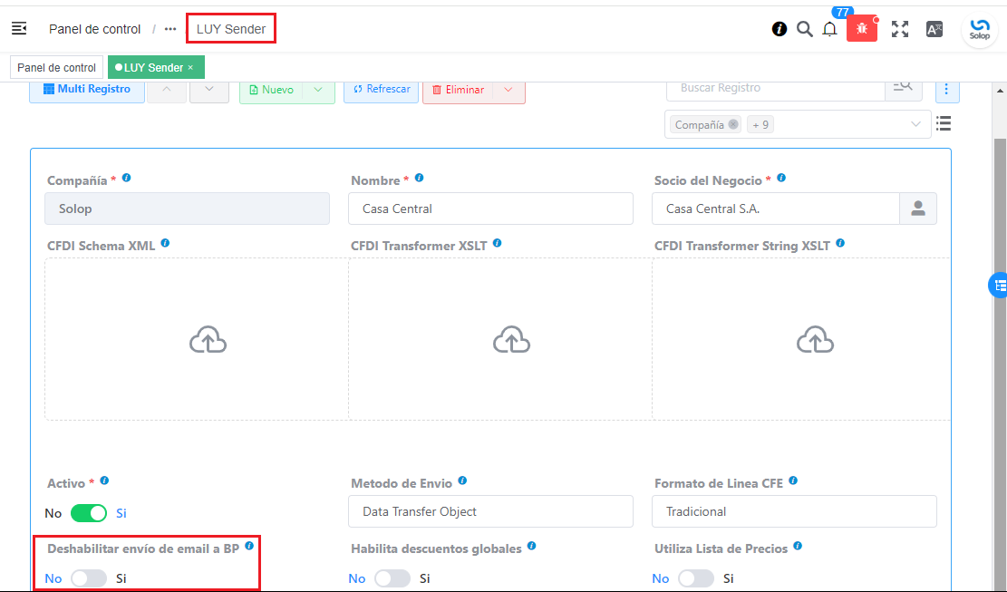 Deshabilitar envío de email