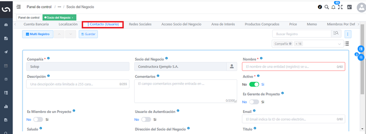Pestaña Contacto