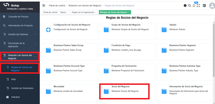 Menú de Solop ERP